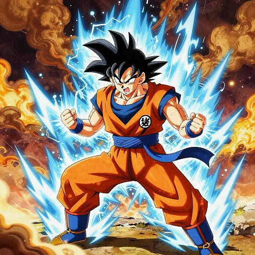 Digital anime-style drawing of Super Saiyan Son Goku, with spiky black hair, orange outfit, and blue sash, surrounded by blue energy and