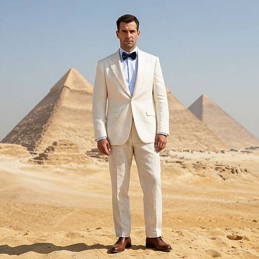 Photograph of a serious, dark-haired man in a white suit and blue bow tie standing in front of two pyramids under a clear blue sky.