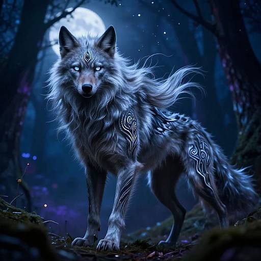 Digital artwork of a glowing, mystical wolf with intricate white tribal markings, standing in a dark, moonlit forest, with ethereal blue and purple hues