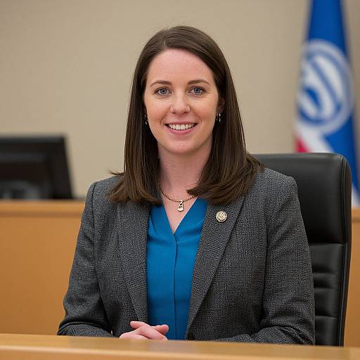 Photograph of a smiling woman with straight brown hair, wearing a gray blazer and blue blouse, seated at a wooden desk in a government office.