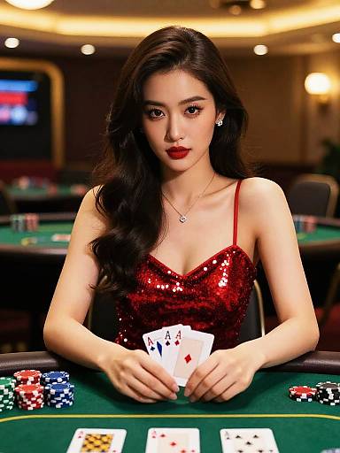 Digital artwork of an attractive Asian woman with long black hair, wearing a red sequined dress, holding poker cards at a casino table with chips and dim