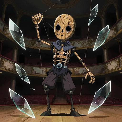 Digital drawing of a wooden puppet with black eyes, wearing tattered clothes, suspended by strings, surrounded by glowing shards in an ornate, dimly