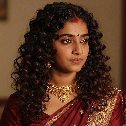 Photograph of a South Asian woman with curly black hair, wearing a red silk saree, gold jewelry, and traditional makeup, against a beige background