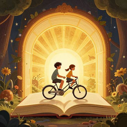 Digital illustration: Silhouetted boy and girl on bicycle ride through glowing archway on open book, surrounded by vibrant flowers and mushrooms in a magical