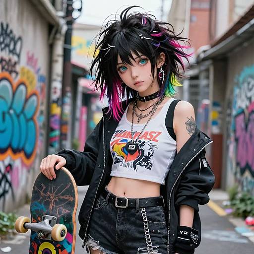 Photograph of a punk-style girl with black and pink hair, wearing a white 