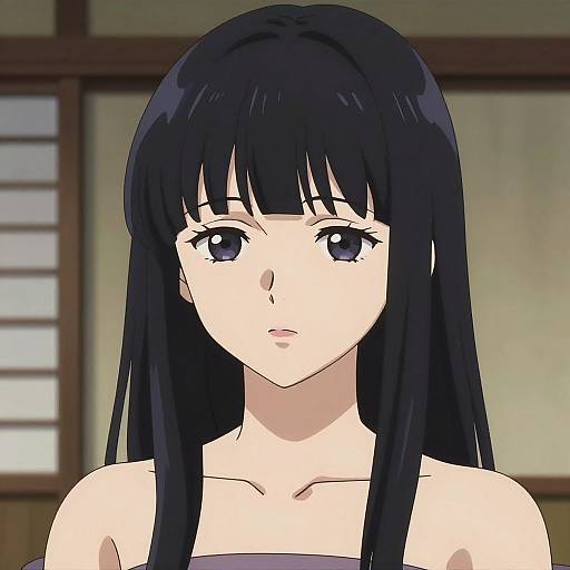 Anime-style digital drawing of a young woman with long black hair, blue eyes, and fair skin, wearing a strapless top, against a traditional Japanese