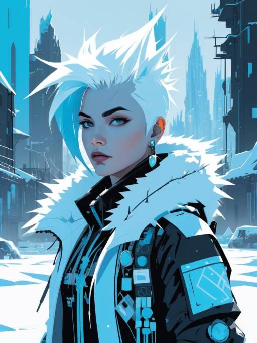 Futuristic Woman in Snowy Urban Landscape