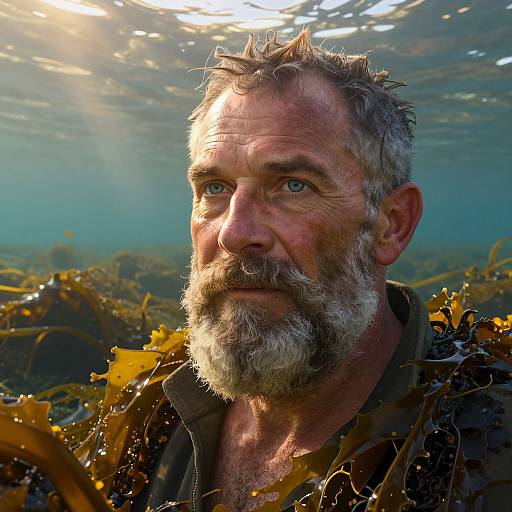 Photograph of a rugged, bearded middle-aged man with grey hair, blue eyes, and sunlit seaweed-covered shoulders, underwater, looking pens