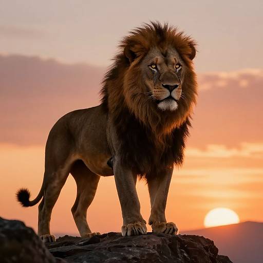 Photograph of a majestic male lion with a full mane standing on a rocky outcrop at sunset, with a vibrant orange and pink sky in the background