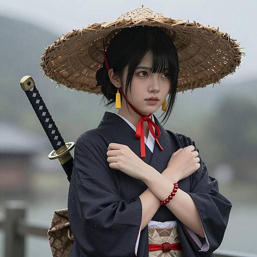 Focused Young Woman in Rainy Setting
