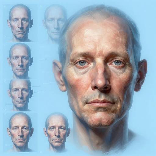 Digital CGI image showing a detailed, realistic close-up of an older man's face with varying expressions in smaller headshots on the left. Background is light