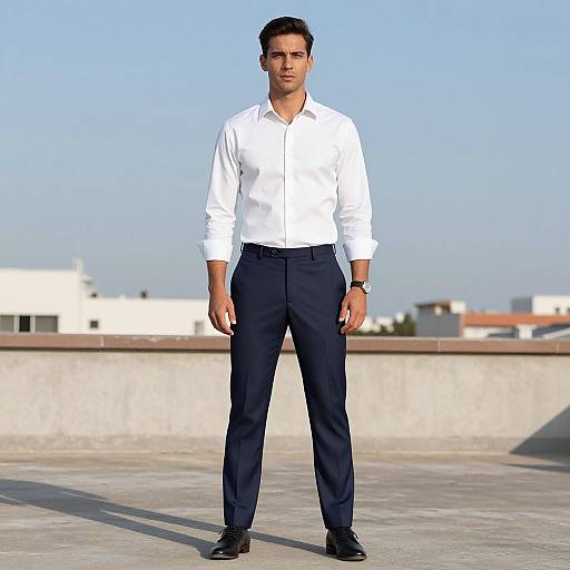 Photograph of a young man standing on a rooftop, wearing a white button-up shirt, dark navy pants, black shoes, and a wristwatch,