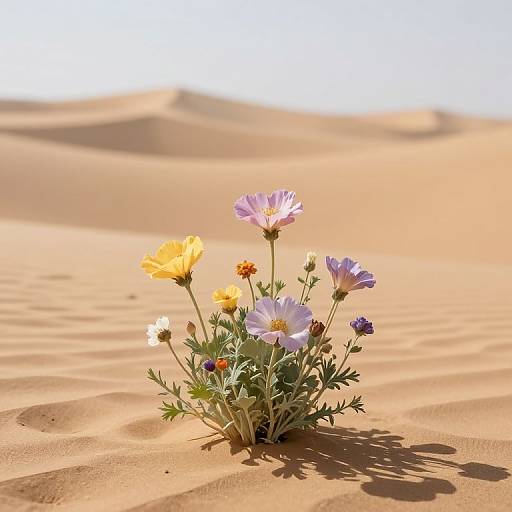 Photograph of a small cluster of colorful flowers (yellow, purple, white) standing in a sunlit, sandy desert with gently rippling dunes