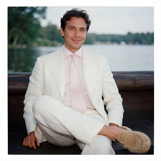 Photograph of a smiling man with dark curly hair, wearing a white suit and pink shirt, sitting outdoors by a lake.