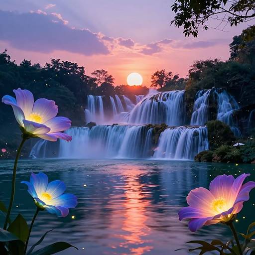 Photograph of a serene waterfall at sunset, with glowing blue-purple flowers in the foreground, reflecting vibrant orange and pink hues on the water.