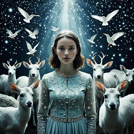 Ethereal Woman with Luminescent Deer and Birds