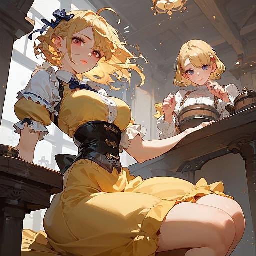 Curvy Tavern Girl in Yellow Dress