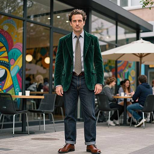 Photograph of a man in a dark green velvet blazer, white shirt, patterned tie, dark jeans, and brown shoes standing outdoors at a