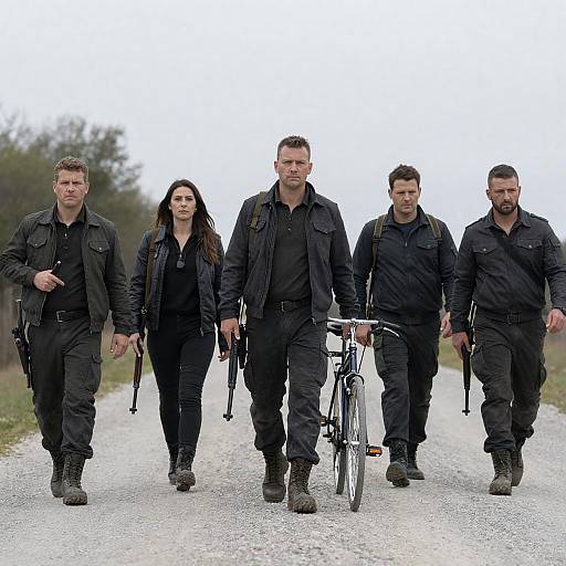 Five Armed Individuals Walking on Gravel Road
