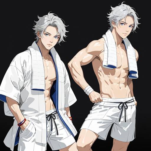 CGI image of a silver-haired woman with blue scarf, topless, wearing white shorts, black background, blue bracelets, confident pose.