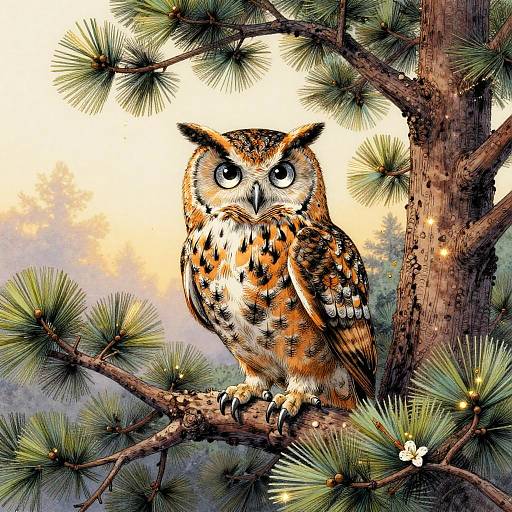 Digital painting of a detailed, wide-eyed owl with orange and brown feathers, perched on a pine tree branch, surrounded by green pine needles and a