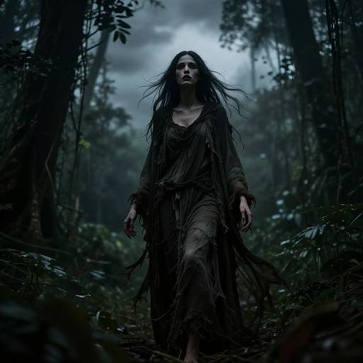 Photograph of a mysterious, long-haired woman in a tattered, dark forest dress, standing in a dimly lit, foggy forest. Moody