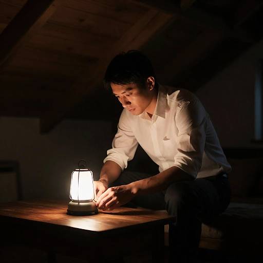 Solitary Man in a Dimly Lit Attic