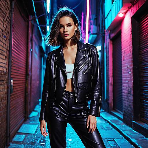 Fashion Model in Leather Jacket in Neon Alley