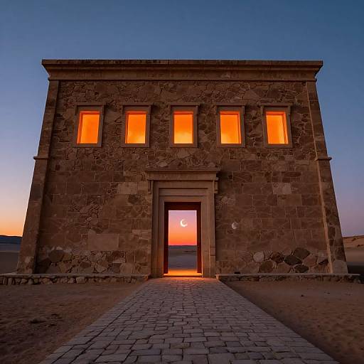 Photograph of a stone building at dusk with glowing orange windows, a central doorway revealing a sunset and crescent moon.