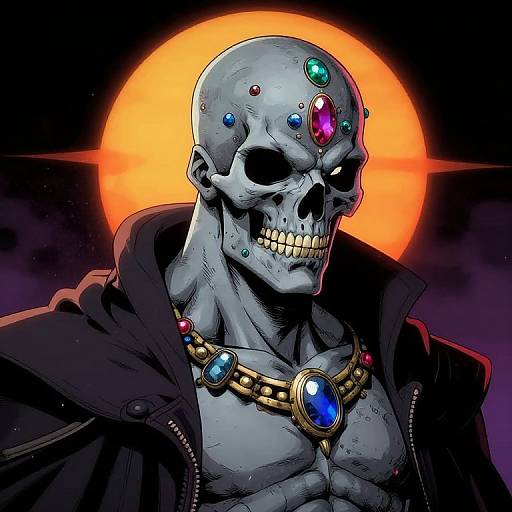 Digital comic-style drawing of a muscular, blue-skinned skull-headed humanoid with colorful gemstones on the forehead, wearing a black hooded jacket and a