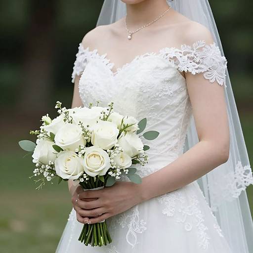 Photograph of a bride in an off-shoulder white lace wedding dress holding a bouquet of white roses and greenery, with a veil and pearl