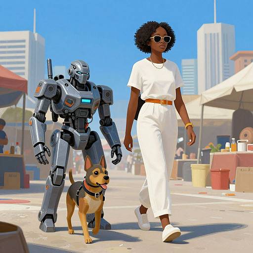 Digital art of an African-American woman in white outfit, sunglasses, and afro, walking a German Shepherd and a robot in a sunny, urban marketplace