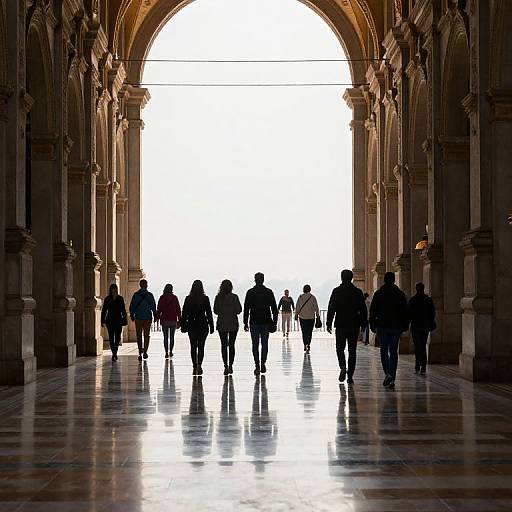 Silhouetted crowd walking through a grand, arched, illuminated hallway with reflective marble floor, framed by ornate architectural columns. Photographic image