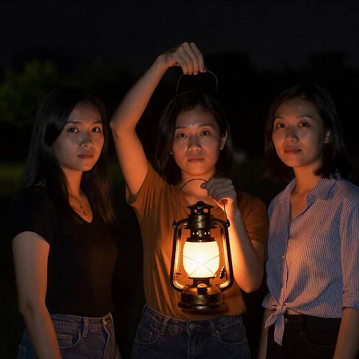 Three Women Holding Lantern at Night