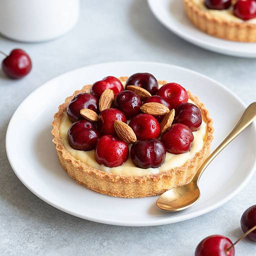 Photograph of a cheesecake topped with glossy red cherries and whole almonds, on a white plate with a gold spoon, against a light gray background