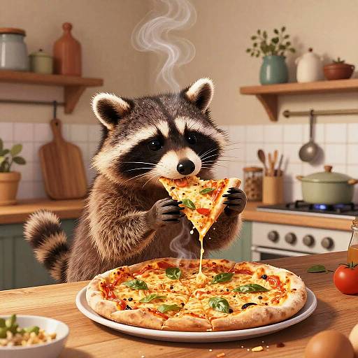 CGI image of a cute, anthropomorphic raccoon with a striped tail, eating a slice of pizza in a cozy, sunlit kitchen.