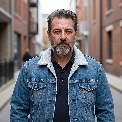 Photograph of a middle-aged man with gray beard and hair, wearing a blue denim jacket with white sheepskin collar, standing in a narrow urban alley