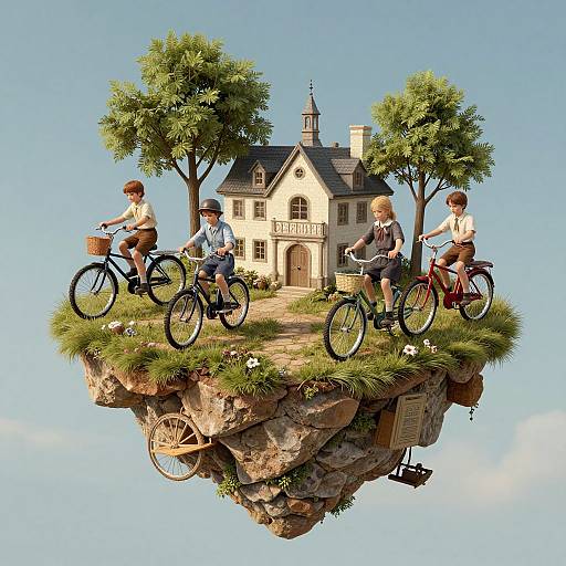 Digital illustration: Five children riding bicycles on a grassy, rocky island with a charming house and two trees against a clear blue sky.