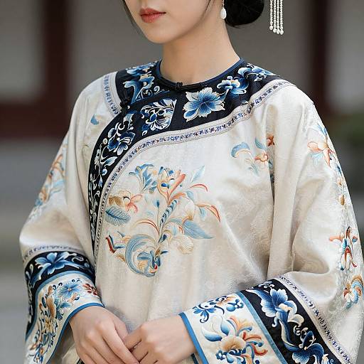 Photograph of an Asian woman in a traditional white silk dress with blue and orange floral embroidery, black collar, and silver earrings.