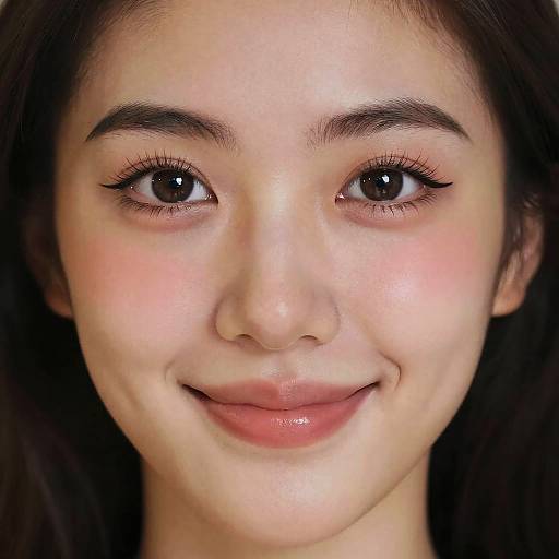 Close-up photograph of a young Asian woman with smooth, fair skin, dark brown eyes, and a gentle smile, against a black background.