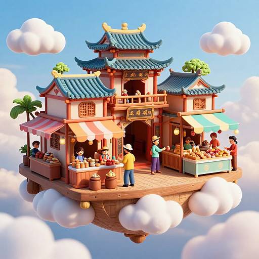 Vibrant 3D Floating Asian Marketplace