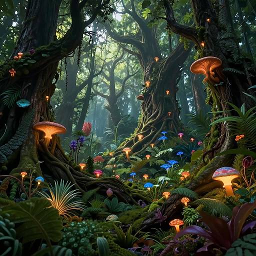 Fantastical forest scene with glowing mushrooms, colorful flowers, and luminescent fairy lights on moss-covered trees, bathed in soft sunlight. Digital
