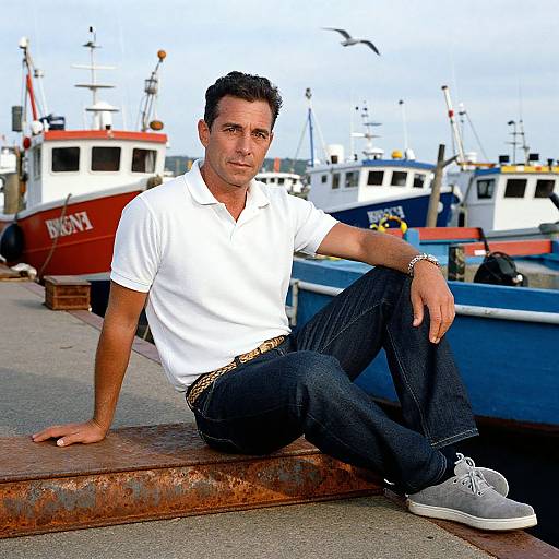 Photograph of a casually dressed, medium-build man with short dark hair, wearing a white polo, blue jeans, and gray sneakers, sitting on a