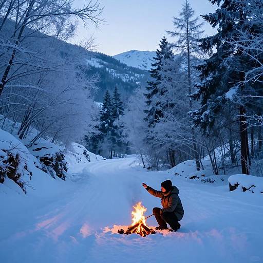Photograph of a person in winter gear, kneeling by a small campfire in a snowy forest, surrounded by snow-covered trees and mountains at dusk.