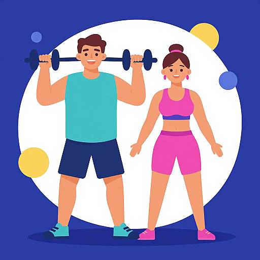 Digital illustration of a muscular man with brown hair lifting a barbell and a woman with brown hair in pink workout clothes, both standing confidently against a white