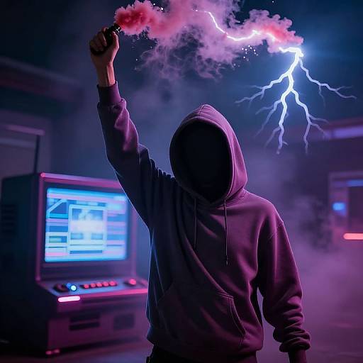 Photograph of a hooded figure with a black face, holding a smoke bomb, illuminated by a vivid blue lightning bolt in a dark, neon-l