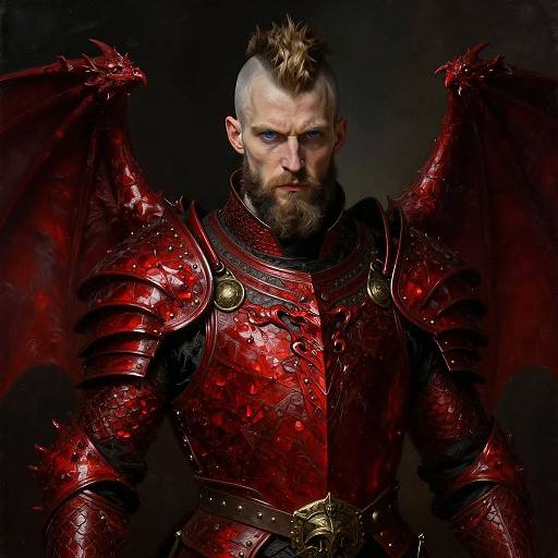 Photograph of a fierce, bearded man with blue eyes, shaved sides, and mohawk, wearing red, dragon-winged, armored suit,