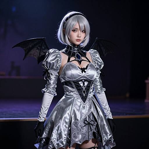 Digital CGI cosplay of a silver-haired woman in a shiny, silver gothic maid outfit with black bat wings, standing on a dark stage.