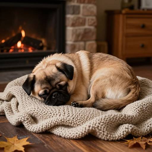 Photograph of a sleeping pug with tan and black fur, curled on a knitted beige blanket near a cozy, lit fireplace. Autumn leaves scattered