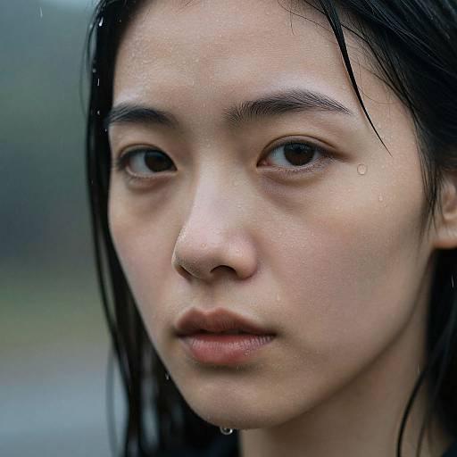 Close-up photograph of a wet-faced Asian woman with straight black hair, slight pout, and small nose, gazing intently; background blurred.